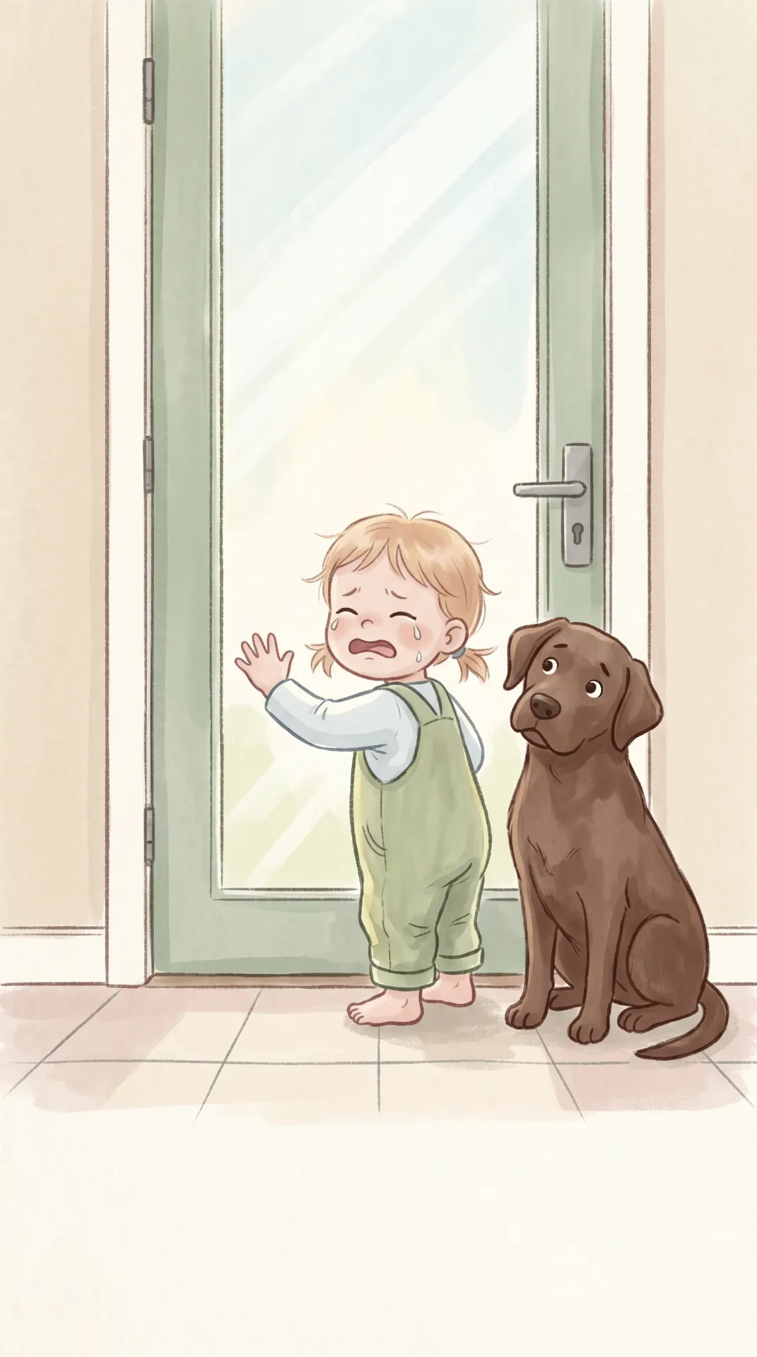 watercolor illustration: a small child crying at a glass door beside a sympathetic chocolate labrador