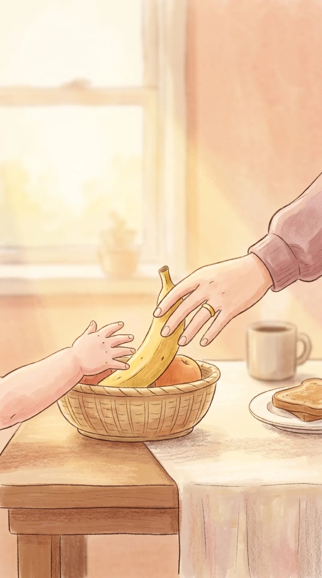 watercolor illustration: a parent's hand reaching for a banana in a fruit bowl as a toddler's small hand grabs at it