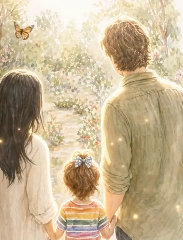 watercolor illustration of a mom, dad, and small girl in a rainbow striped t-shirt walking hand in hand down a flower-lined garden path with a butterfly overhead