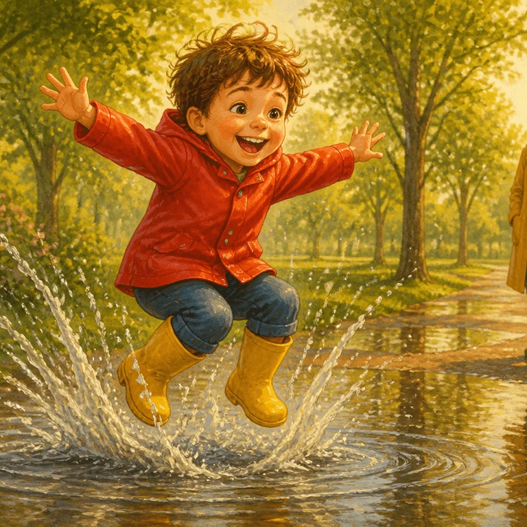 Kaiary’s sample illustrated storybook page: a child jumping into a puddle in yellow boots